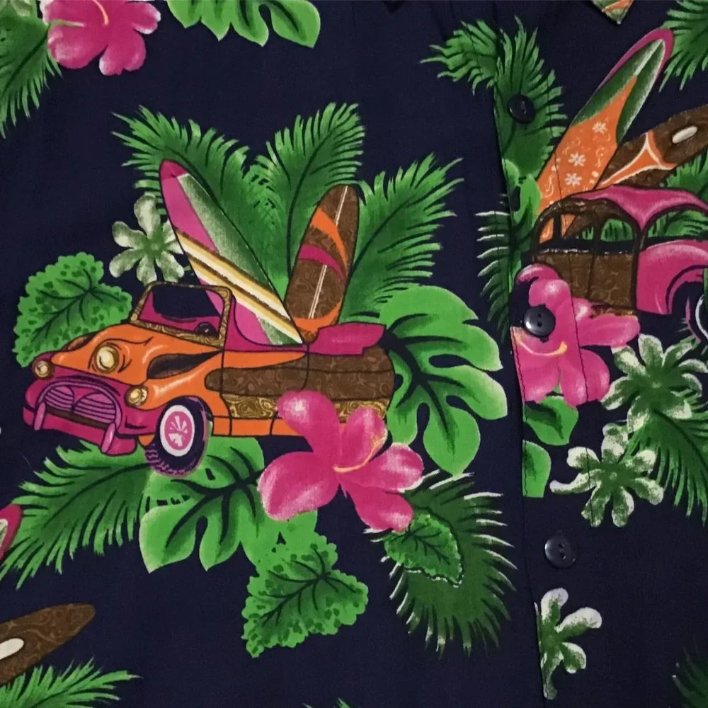 Hawaiian Shirt 100% Rayon Mens Sz M Old Cars Surf Boards Tropical All Over Print